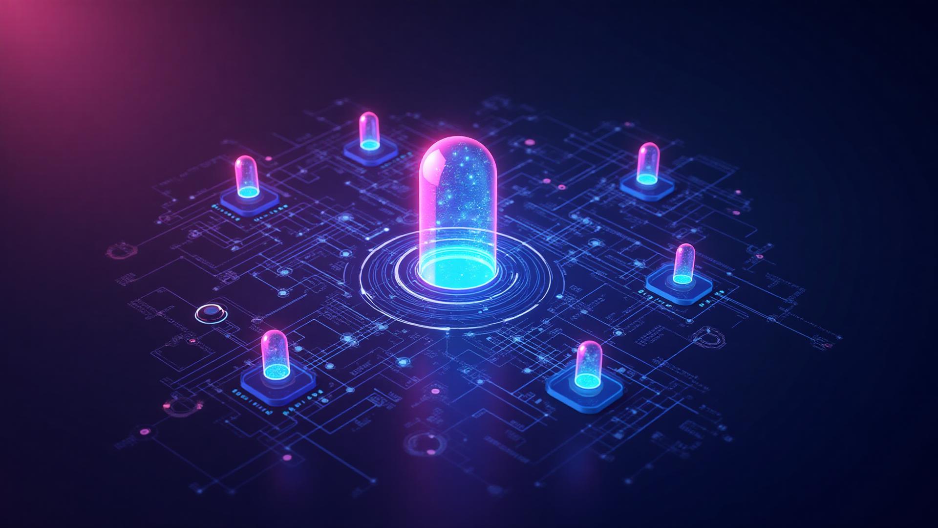 Professional abstract visualization showing AI implementation workflow with connected systems and digital transformation